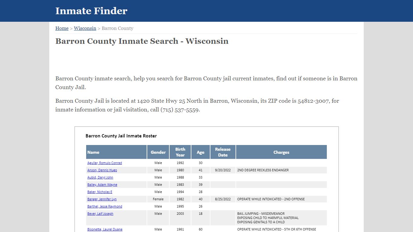 Barron County Wisconsin Jail Inmate Finder